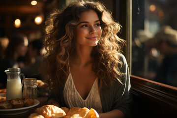 portrait of beautiful woman in red hat in cafe