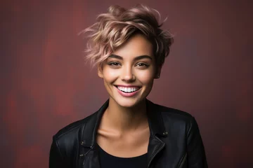 Schilderijen op glas Positive laughing stylish woman with short haircut, hairstyle, make-up and in a leather jacket smiling looking at camera, casual female portrait © Sergio
