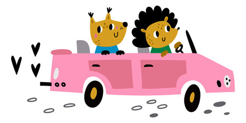 Lovely animal couple traveling in car. Cute kid print