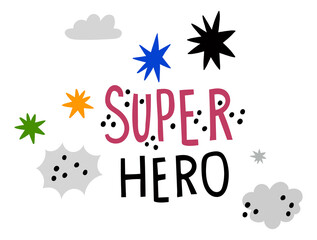Superhero word in sky. Funny cute kid print lettering - obrazy, fototapety, plakaty