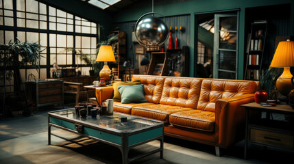 living room interior in retro style in yellow and green colors. vintage aesthetics of the 60s - obrazy, fototapety, plakaty