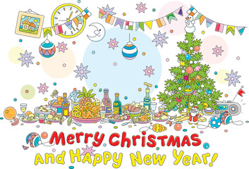 Merry Christmas and happy New Year card with a festive table full of tasty food, sweets, drinks and a decorated fir tree with gifts for long winter holidays, vector cartoon illustration