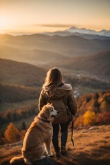 Mountain view background and back side of tourist woman. She's traveling with dog. Generative ai.
