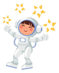 Happy astronaut kid with stars. Space explorer smiling character