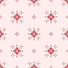 In this seamless pattern, create a red-orange geometric shape composed of crystal, decorated with a diamond cross, making it look like crystal that glisten on light red background.