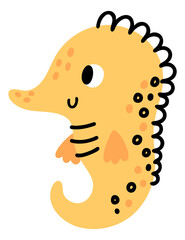 Baby seahorse. Cute yellow underwater animal character