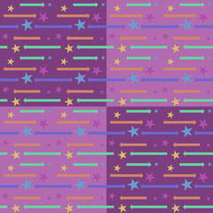In this seamless pattern, colorful arrows laid out across the background are pale pink and dark tones alternating in a checkerboard pattern. Decorated with large and small multicolored stars.