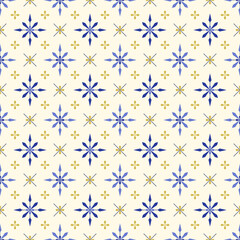 In this seamless pattern, blue starburst are arranged around a small yellow starburst decorated with small yellow starburst. On light yellow background, it looks beautiful, charming and delicate.