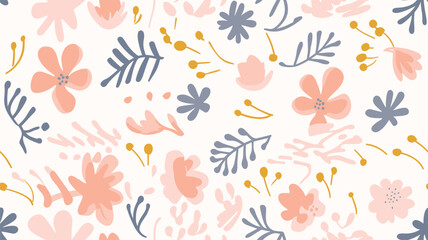 Abstract seamless pattern with cute hand drawn meadow flowers. Stylish natural background. Hand drawn design elements