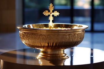 Ai Generated A Christian baptismal font filled with holy water - obrazy, fototapety, plakaty