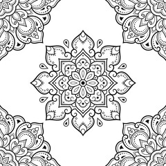 Seamless decorative ornament in ethnic oriental style. Circular pattern in form of mandala and flower for Henna, Mehndi, tattoo, decoration. Doodle outline hand draw vector illustration.