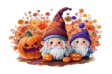 Cute dwarfs surrounded by pumpkins, Happy Halloween, Generative AI