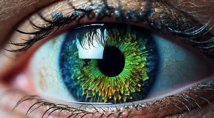 close up of a female eye, pupil of eye, close-up of green colored eye, colored eye, beautiful colored eye close up - obrazy, fototapety, plakaty
