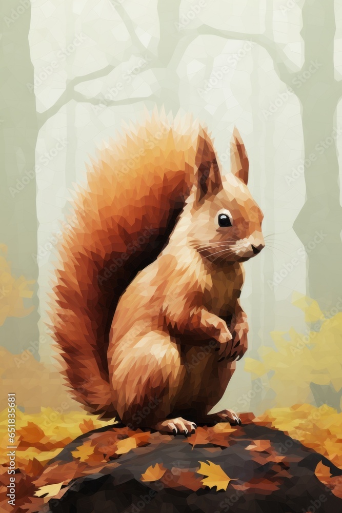 Poster a pixelated digital illusion of a playful squirrel with its bushy pixelated tail.