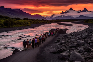 Adventurers traversing the icy expanse of a majestic glacier, equipped with crampons and ice axes,...