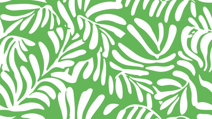 Green white abstract background with tropical palm leaves in Matisse style. Vector seamless pattern with Scandinavian cut out elements.. 