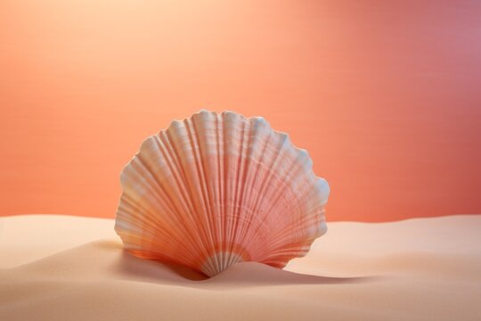 A pastel-coral seashell crafted from crumpled paper, resting on a pastel-peach sandy beach background.