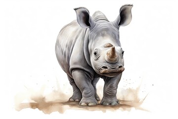 A realistic drawing of a rhinoceros standing in its natural habitat created with Generative AI technology