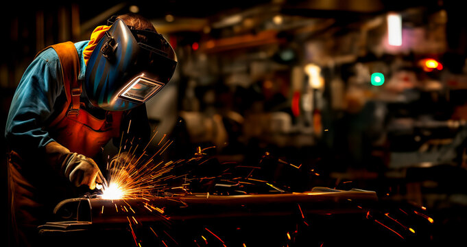 Welder wearing a face mask, busy with welding together metal structure with sparks flying around. Concept of industrial workers and construction professions. Shallow field of view.
