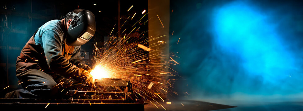 Welder wearing a face mask, busy with welding together metal structure with sparks flying around. Concept of industrial workers and construction professions. Shallow field of view.