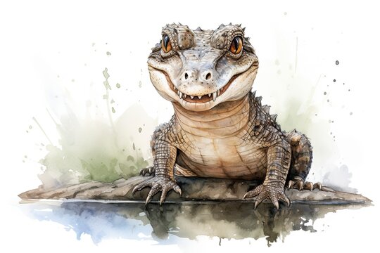 An alligator resting on a rock in a serene watercolor painting created with Generative AI technology