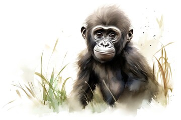 A gorilla monkey sitting in the grass created with Generative AI technology