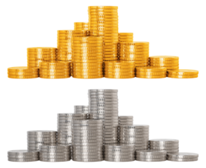 silver and golden coins stack growth up isolated
