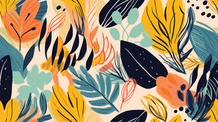 Fototapeta na wymiar Modern exotic floral jungle pattern. Collage contemporary seamless pattern. Hand drawn cartoon style pattern 