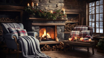 Fototapeta premium Winter Wonderland A room that feels like a cozy cabin in the winter woods, featuring plaid upholstery, a stone fireplace, and a rustic wooden coffee table 