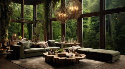 Winter Wonderland A room that feels like a cozy cabin in the winter woods, featuring plaid upholstery, a stone fireplace, and a rustic wooden coffee table 