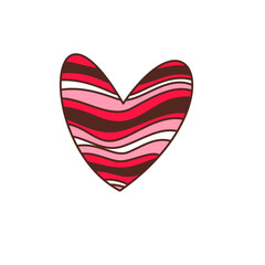 Groovy heart sticker vector illustration. Cartoon isolated retro cute heart with psychedelic curvy lines pattern, pink and red color, love symbol in romantic 70s style with funky hippie texture