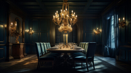 Fototapeta na wymiar A 1920s speakeasy-inspired dining room with art deco lighting, velvet chairs and a large crystal chandelier