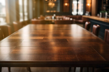 empty dark wood table top,  blurred coffee shop background, product display 
