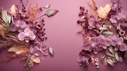 A blend of wild orchids and feather patterns on a dusty pink backdrop, incorporating shades of plum and moss green with a blank space for text. 