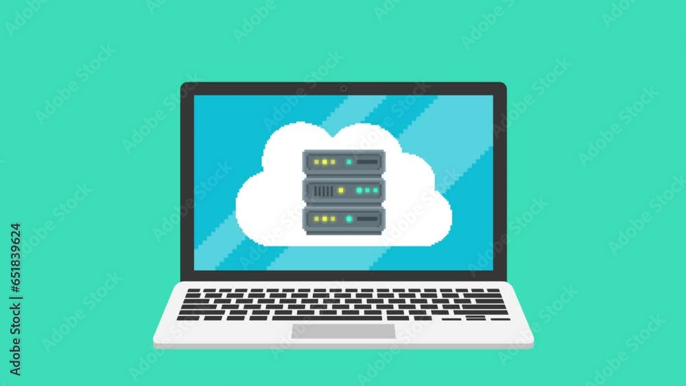 Poster animation of a laptop on the screen of which the cloud with the server appears. the laptop connects 