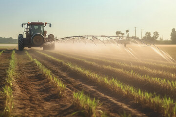 Spraying water with sprinkler at wheat field