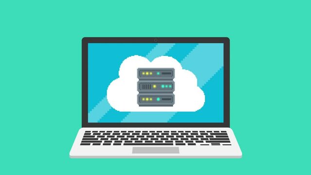Animation of a laptop on the screen of which the cloud with the server appears. The laptop connects through the server to the cloud base. Pixel art style movie clip.