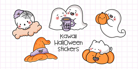 Cute kawaii halloween stickers pack. Vector illustration.
