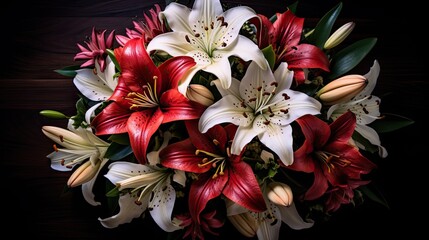 An array of white lilies and crimson tulips against a backdrop of dark wood, accentuated by hues of sage and copper with significant negative space in the center.