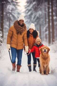 Happy smiling African American family - walking their pet golden retriever in the winter forest outdoors. Active Christmas holidays. Vertical photo.