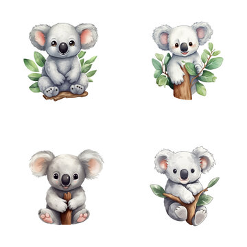 set of cute koala watercolor illustrations for printing on baby clothes, sticker, postcards, baby showers, games and books, Safari jungle animals vector