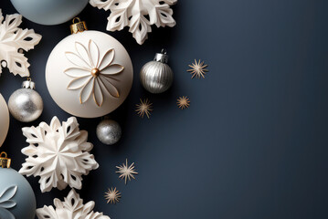 Fototapeta premium Christmas flat play festive decor of balloons and snowflakes on a blue background with copy space