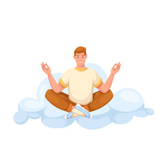 Fototapeta na wymiar Man meditating in calm yoga pose on cloud vector illustration. Cartoon isolated happy person sitting in zen lotus position to meditate on clouds, relax and control spiritual balance of thoughts
