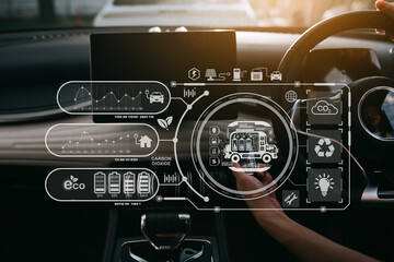  Energy EV car concept. people working and renewable energy worker interface. Concept of sustainability  business based on renewable .