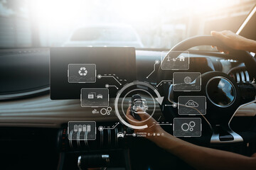  Energy EV car concept. people working and renewable energy worker interface. Concept of sustainability  business based on renewable .