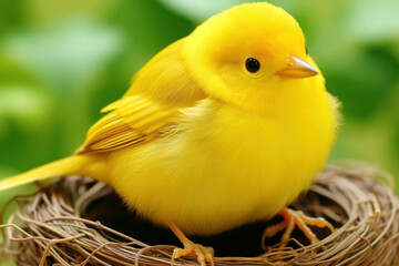 A serene and colorful bird meticulously building its nest, surrounded by a tranquil natural...