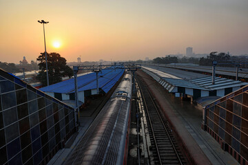 A view of express trains at a Junction Railway Station of Indian Railways system, Kolkata, India - obrazy, fototapety, plakaty
