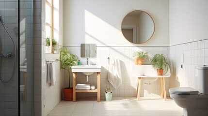 A bathroom with white tiles, a shower, a toilet, and a sink