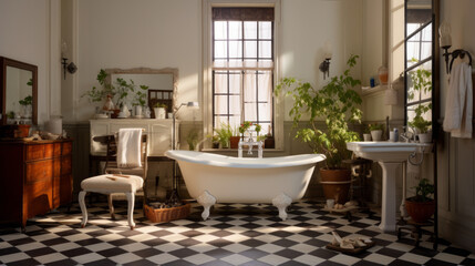  A bathroom with a clawfoot bathtub, a pedestal sink, a vintage mirror, black-and-white checkered floor tiles, and a linen closet