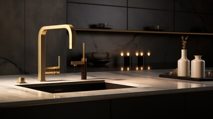 Fragment of a modern luxury kitchen. Marble countertop with built-in sink, gold faucet and dispenser, black backsplash, decorative vases. Close-up. Contemporary interior design. 3D rendering.